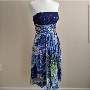 Anne Klein dress size 6 Midi Strapless silk Blue Green floral eyelet NWT